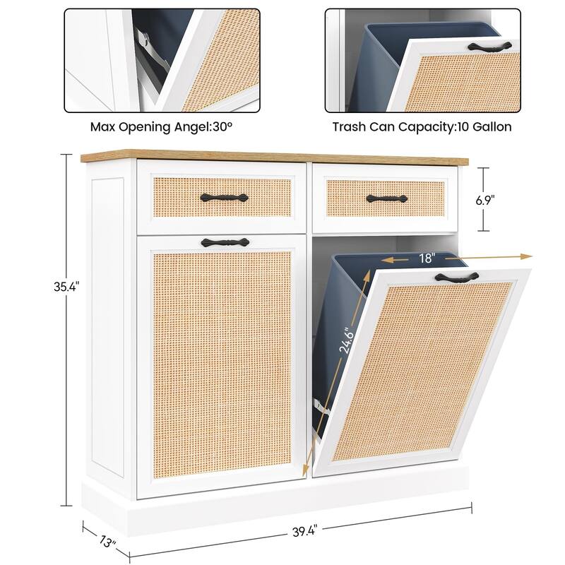 Tilt Out Trash Cabinet with Natural Rattan, Hidden Trash Can Cabinet 10 Gallon Trash Holder