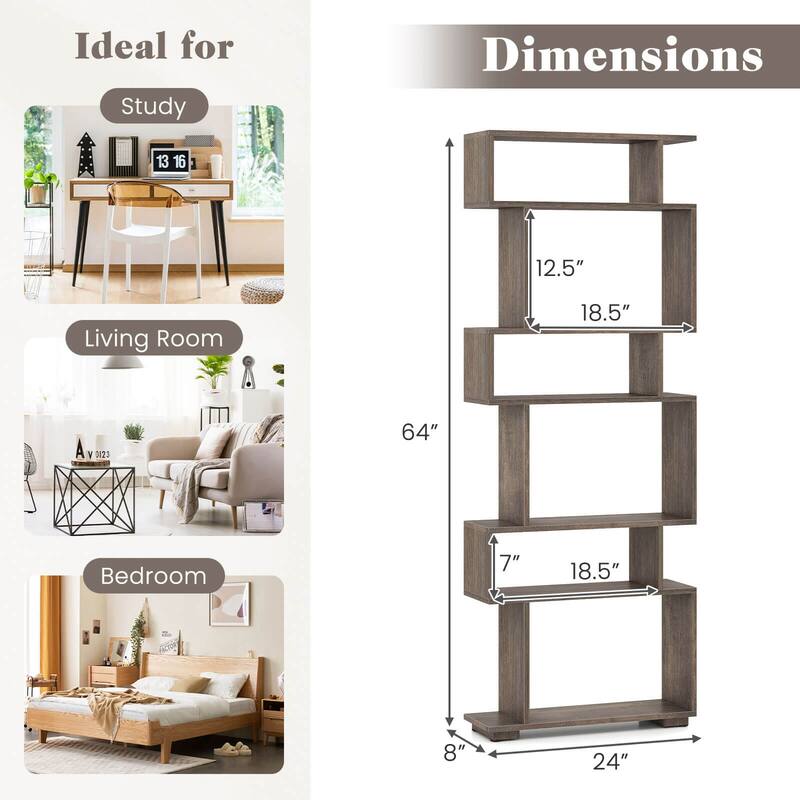 Costway 6-tier Storage Bookshelf S-shaped Geometric Bookcase with - See Details