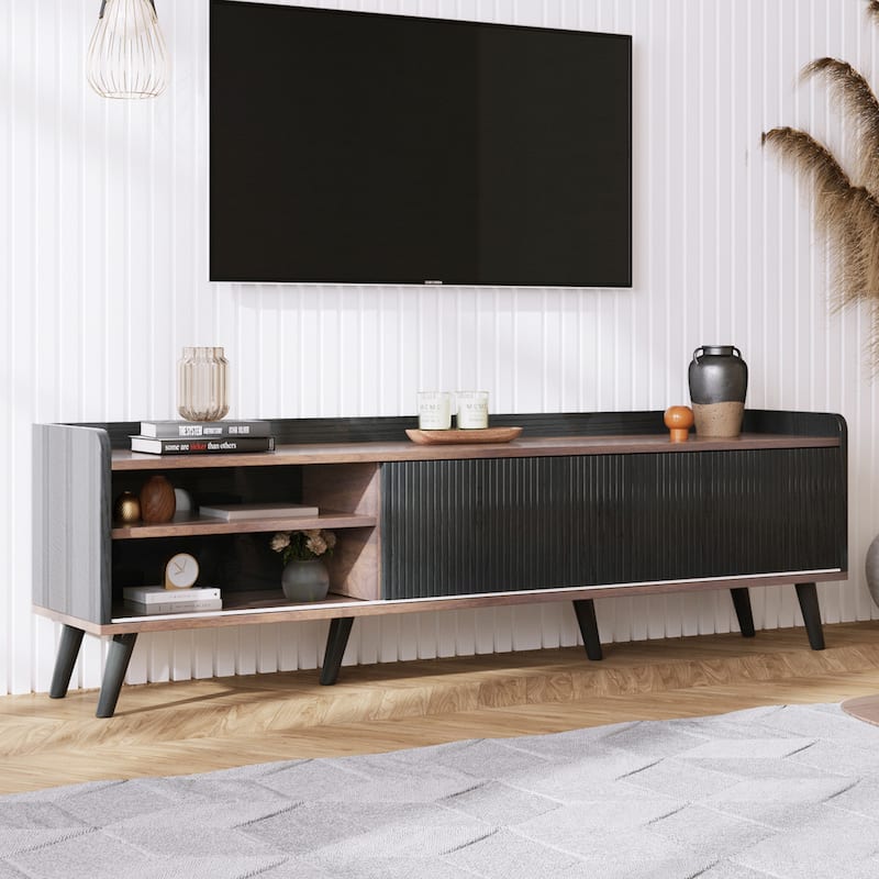 63" Mid Century TV Stand with Push Pull Cabinets and Cable Holes