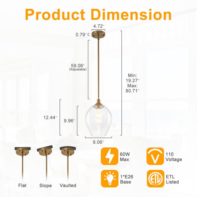 Modern Matte Brass Pendant Light Teardrop Ribbed Clear Glass Shade - Dia.9.06-in