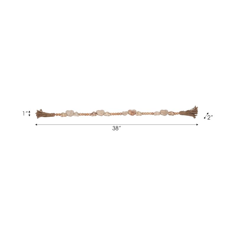 Sagebrook Home 38 Inch Wood Heart Beaded Garland in White, Charming Rustic Home Decor with Jute Tassels - 38" x 2" x 1"