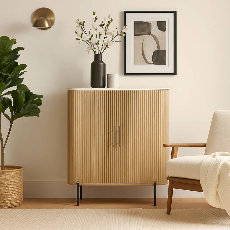 Cid Jolie Accent Cabinet, 47 Inch Marble Top, Reeded Mango Wood, 2 Doors