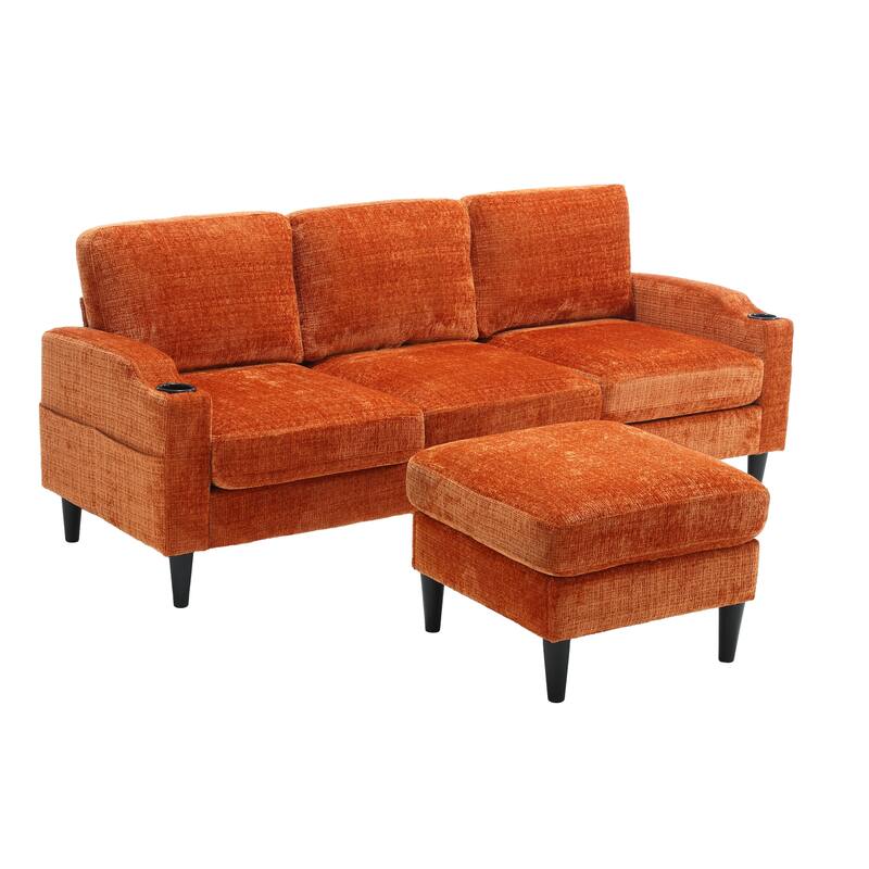 Modular Sectional Sofa with Storage Ottoman, Comfy Chenille Fabric Sofa, 3-Seater Sofa with Side Pockets & 2 Cup Holders