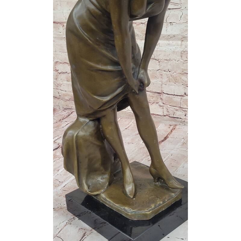 Elegant Bronze Sculpture Of Woman Adjusting Dress – Graceful Figurine On Marble Base