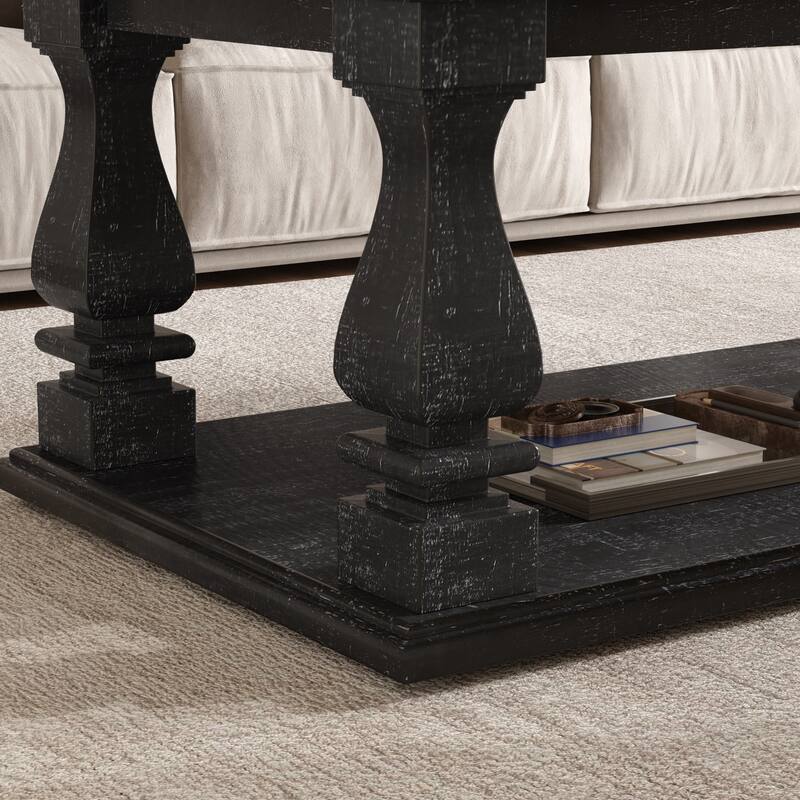 Rossetta Farmhouse Rustic Heavy Planked 2-Tier Coffee Table with Storage Shelf and Sturdy Square Baluster Legs