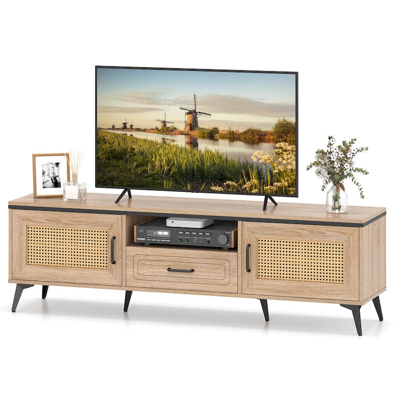 Costway Boho TV Stand for 65 Inch TVs Modern Entertainment Center with - See Details - Oak - See Details