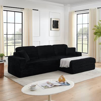 Expanded into Queen Size Floor Bed of Sectional Sofa with Chaise, L-shaped Corduroy Upholstered Compressed Couch with Pillows