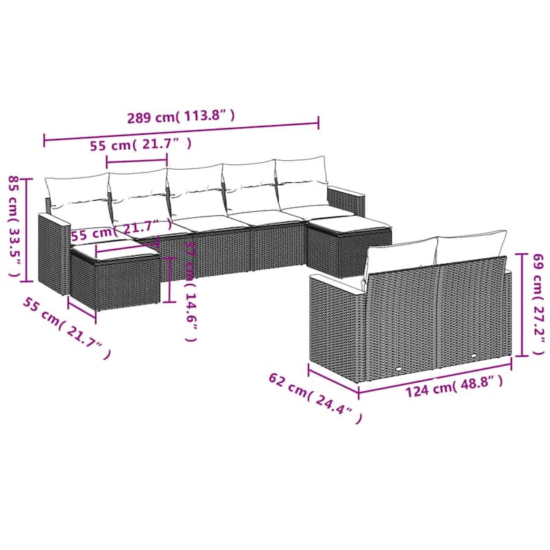 vidaXL Patio Sofa Set with Cushions Outdoor Conversation Furniture Poly Rattan - 21.7 x 21.7 x 14.6 in