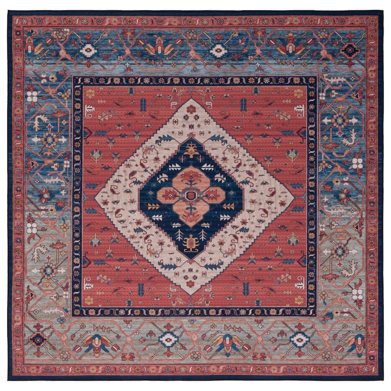 SAFAVIEH Tucson Machine Washable Slip Resistant Ozden Traditional Rug - 6' Square - Rust/Blue