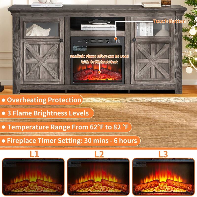 58-60" Fireplace TV Stand for 55-65" TVs w/ 18-23" Insert Farmhouse/Modern/Rustic Barn/Glass Doors Espresso/Grey/Brown/White Oak
