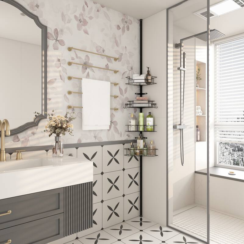 Tension Pole Corner Shower Caddy with 4 Adjustable Baskets