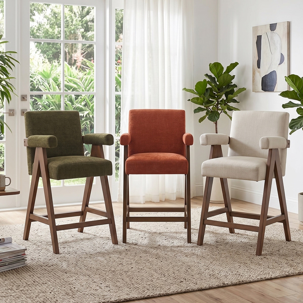 25.5"Seat Height Upholstered Counter Height Bar Stools with Arms, Solid Wood Frame(Set of 2)
