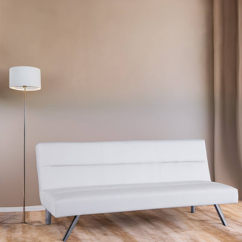 Modern Faux Leather Futon Sofa Bed - Convertible Folding Couch with Chrome Legs, Small Reclining Sofa