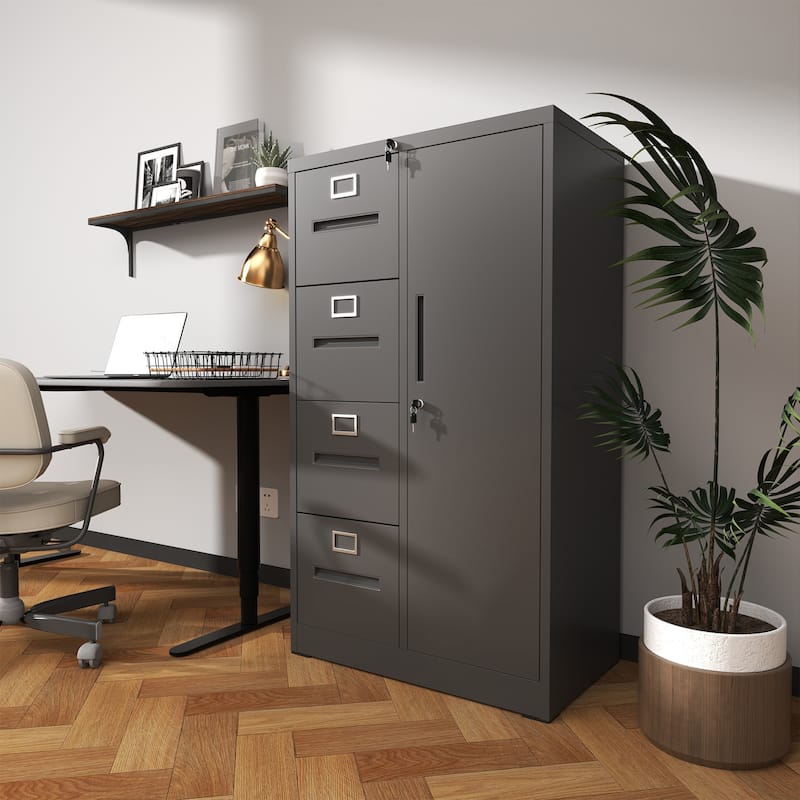 Metal Vertical Filing Cabinet with Wardrobe, Lockable Steel Office File Storage Cabinet with 4 Drawers and 1 Door - Black