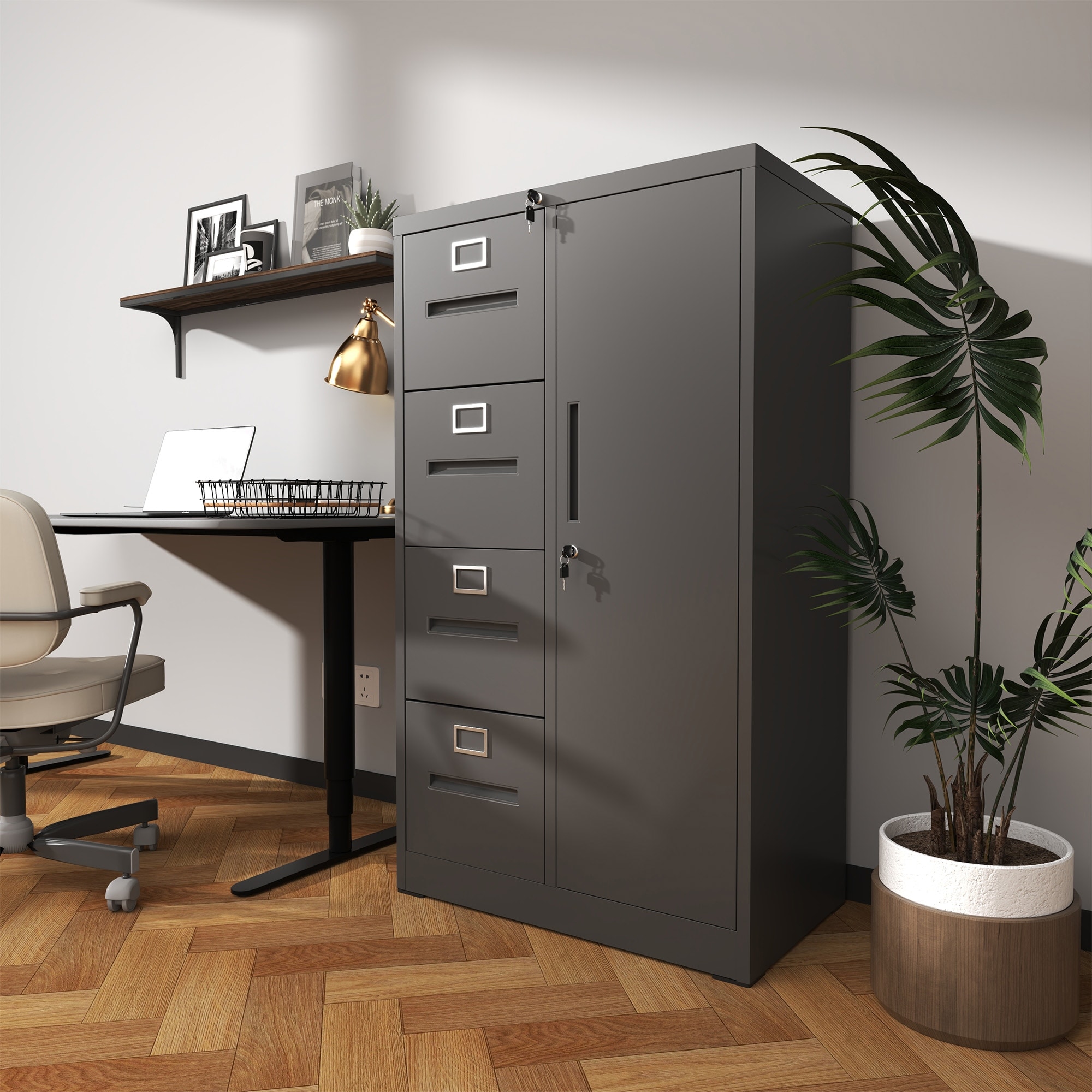 Metal Vertical Filing Cabinet with Wardrobe, Lockable Steel Office File Storage Cabinet with 4 Drawers and 1 Door
