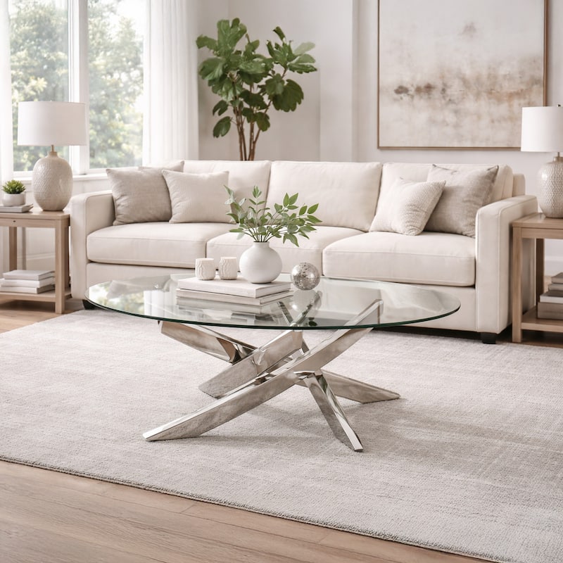 Oval Shape Glass Top Coffee Table with Criss Cross Base, Silver and Clear