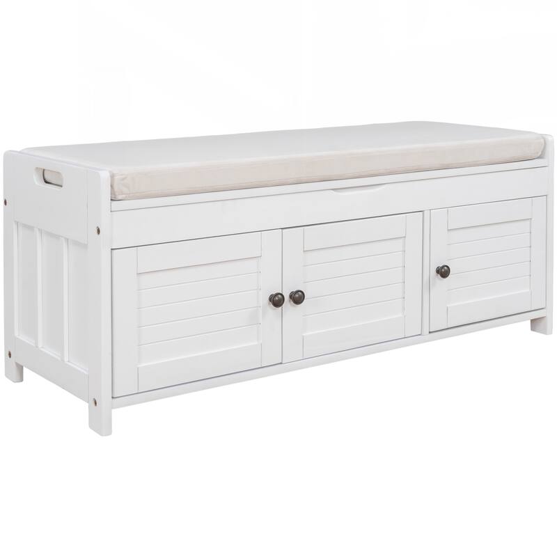 Storage Bench with 3 Shutter-shaped Doors, Shoe Bench with Removable Cushion and Hidden Storage Space