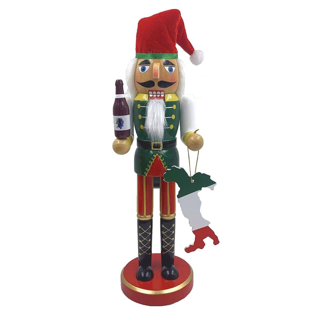 14" Italian Traditional Christmas Nutcracker Holding Bottle of Wine