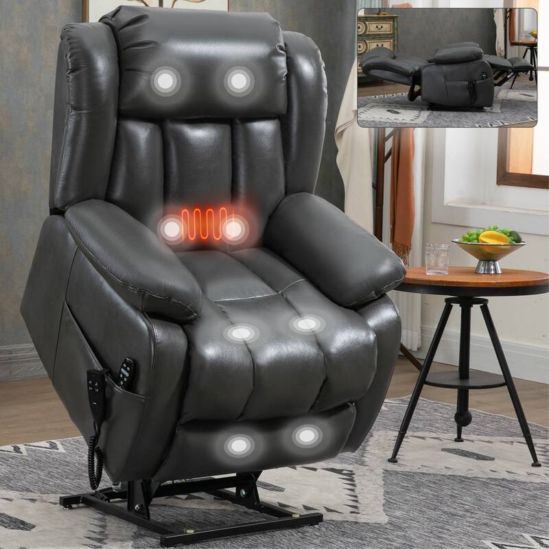 Roomfitters Dual Motor Power Lift Recliner, Infinite Position Massage Chair with 180-Degree Flat Recline, Leatheraire, Grey