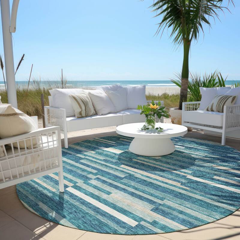 Machine Washable Indoor/ Outdoor Chantille Stripes Modern Rug - Teal - 8' x 8'