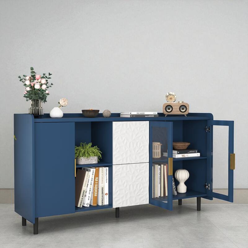 Modern 55" Coffee Bar Storage Cabinet with 2 Drawers, Glass Doors, & Open Compartments for Kitchen or Dining Room