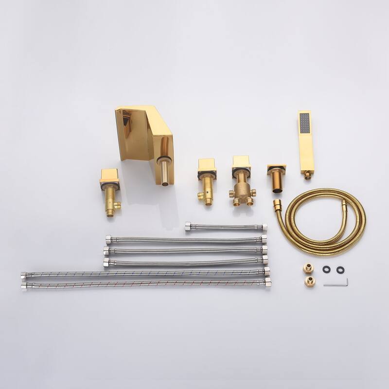 Waterfall Tub Filler Bathtub Faucet polished gold 5-Hole 3-Handle Solid Brass Bathroom Bath Tub Faucets - 9'6" x 13'6"
