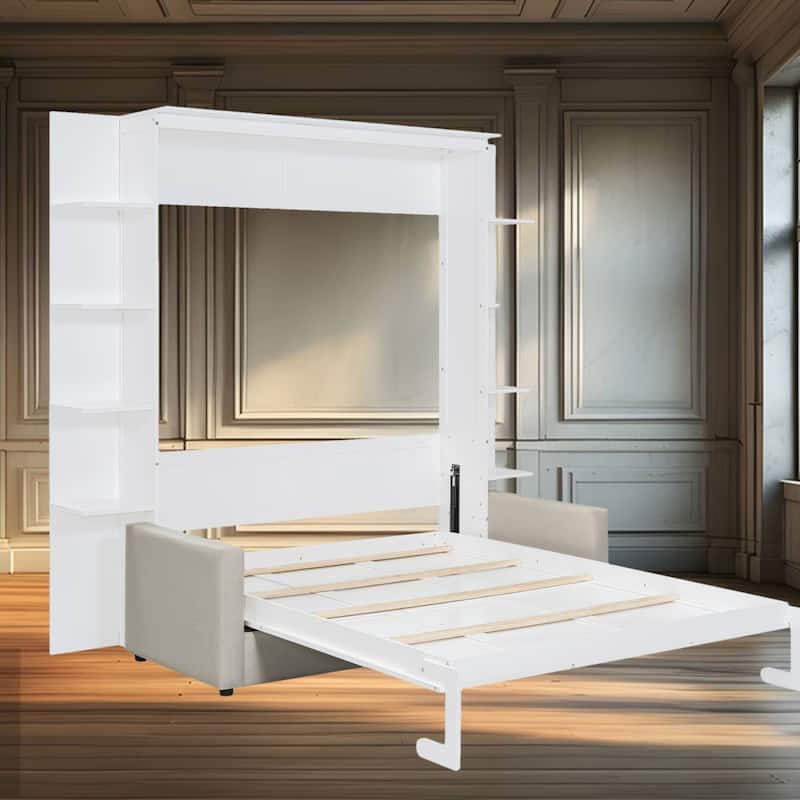 Queen Murphy Wall Bed with Built-In Sofa, Fold-Away Design, and Storage Cabinet for Space-Saving Living Spaces