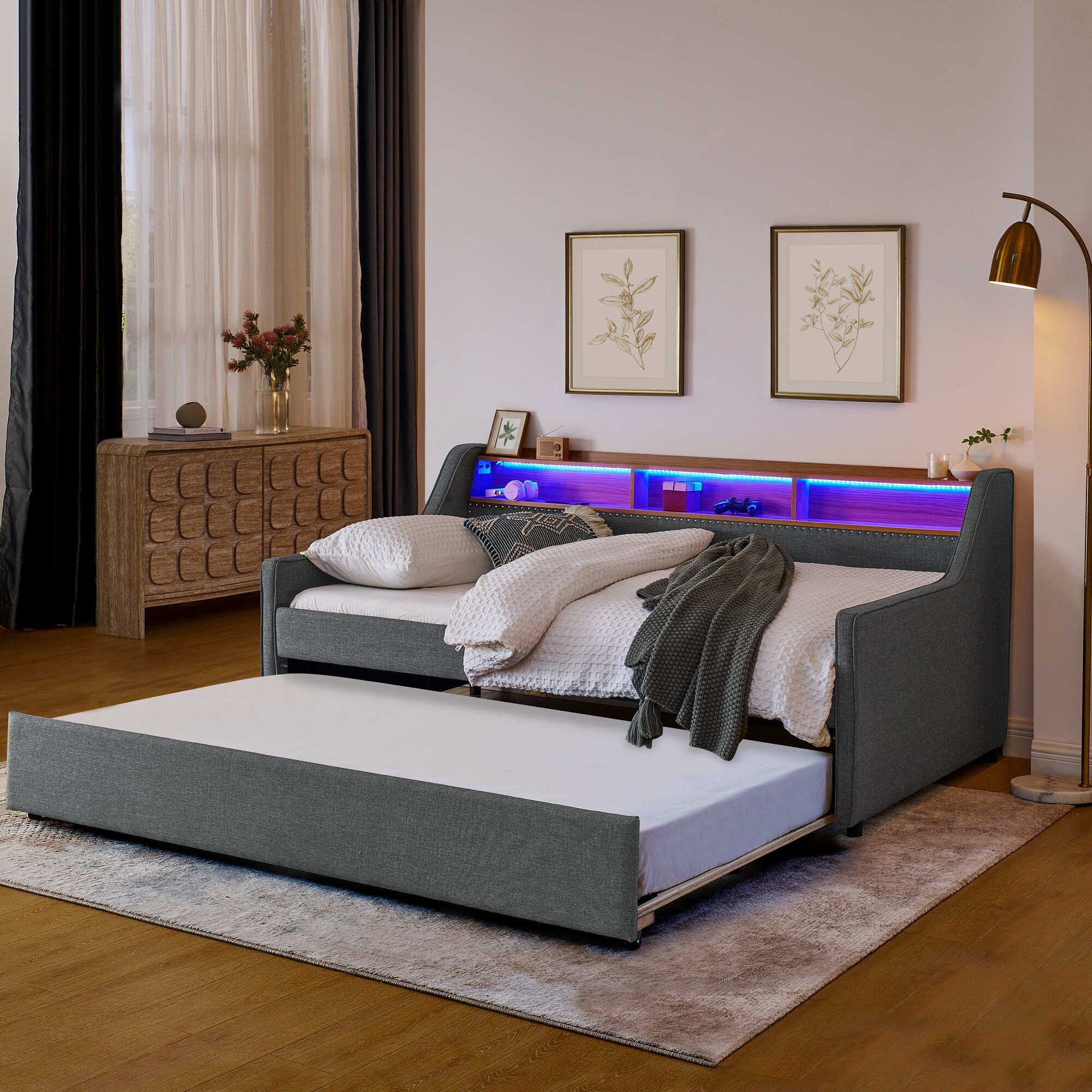 Twin Size Daybed with Three LED lights, with Adjustable Headboard, with Foldable Leg Pull up Trundle Bed and Wireless Charging