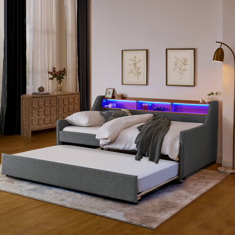 Twin Size Linen Daybed with Wireless Charging,Storage Headboard and Pull up Trundle - Grey