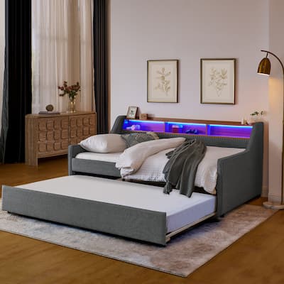 Twin Size Linen Daybed with Wireless Charging,Storage Headboard and Pull up Trundle