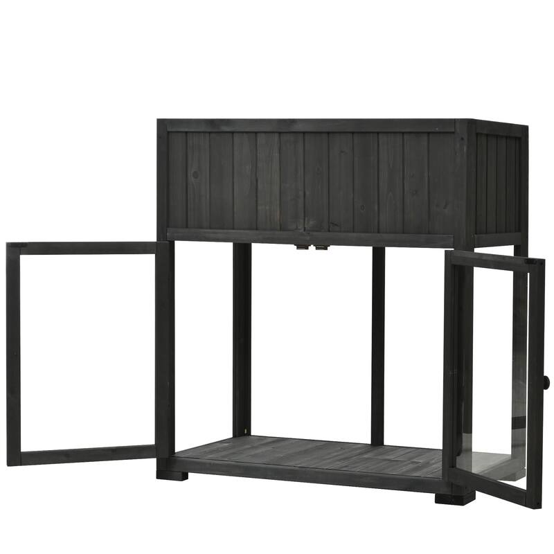 Mini Wooden Cold Frame, Compact 2 Doors Greenhouse with Raised Bed and Wheels, Outdoor Wood Planter with Drainage