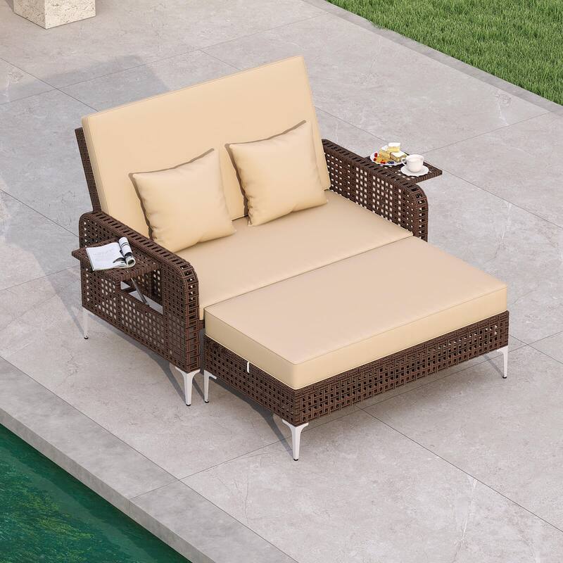 Costway 2 PCS Wicker Loveseat & Storage Ottoman with 4-Level Backrest