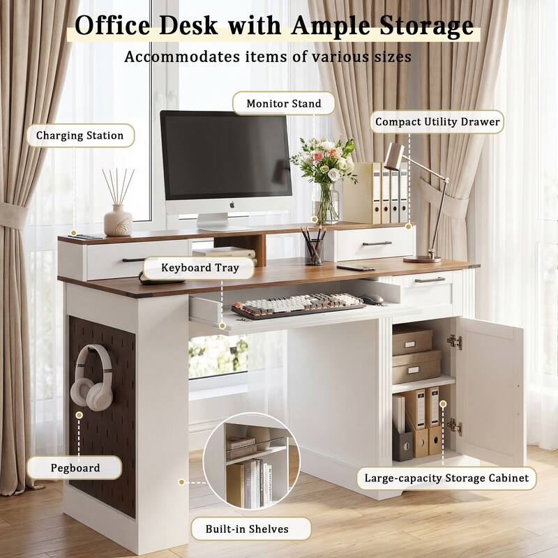 55" Farmhouse Office Desk Workstation with Storage Cabinet, Computer Writing Desk Table with Charging Station, Keyboard Tray