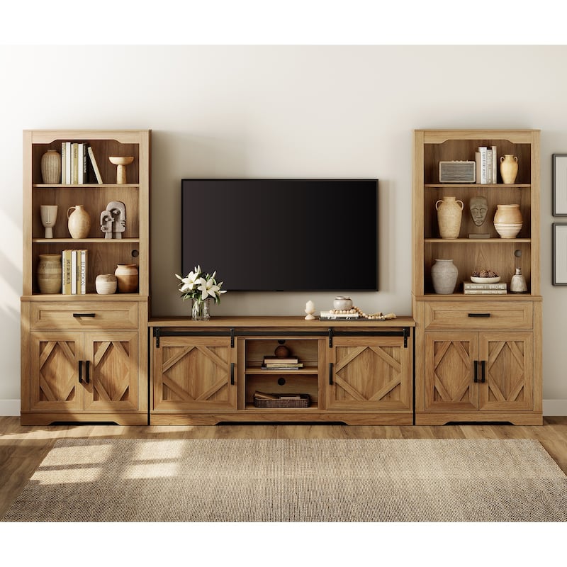 Modern Farmhouse TV Stand with Bookcase for 65" 75" TV with Barn Door for Living Room, Bedroom & Home Office - Vintage Oak