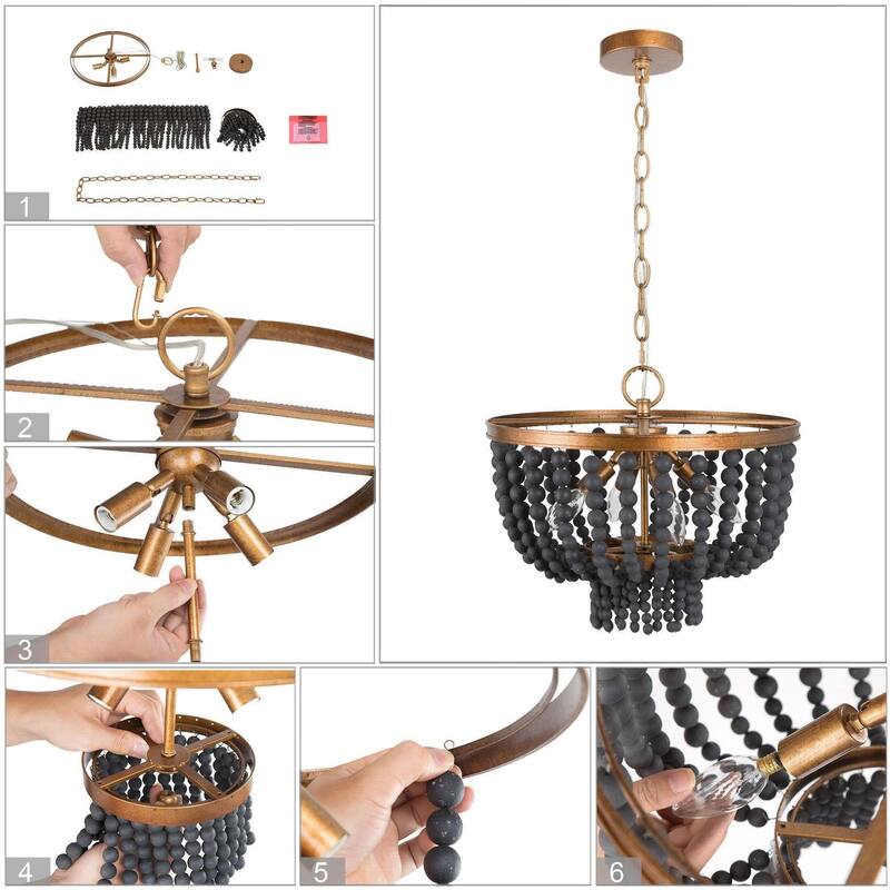 Mid-century Modern Distressed Black Gold Wood Beaded Drum Chandelier 4-Light Kitchen Island Lighting Bedroom