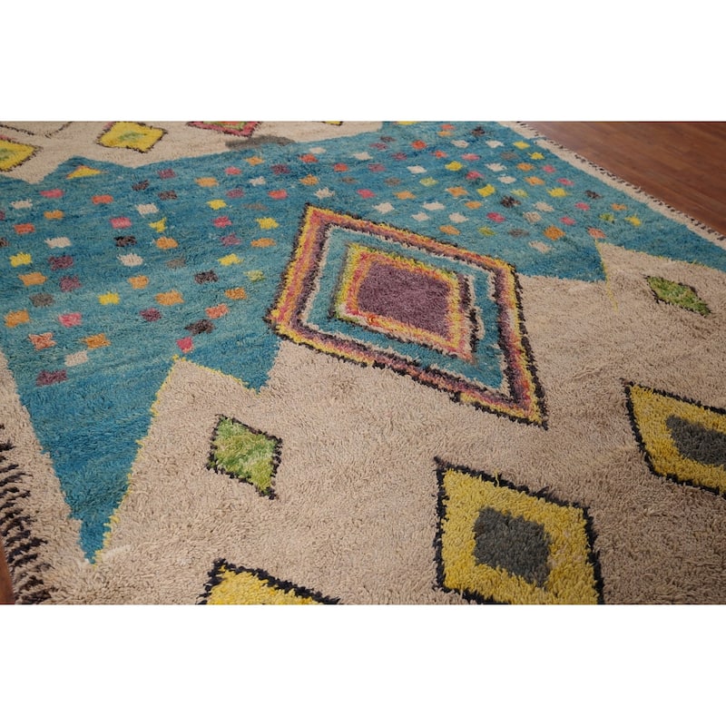 Geometric Plush Moroccan Rug Hand-Knotted Bedroom Wool Carpet - 7'1" x 10'3"