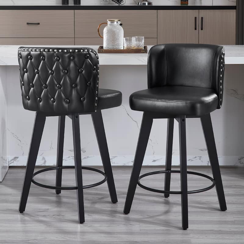 27.5" Faux Leather Upholstered Swivel Counter Height Bar Stool with Wooden Frame, Set of 1/2/3/4 - Black - Set of 2