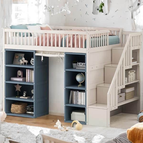 slide 2 of 8, Solid Wood Loft Bed with Multi-Functional Storage Cabinets and Private Curtain