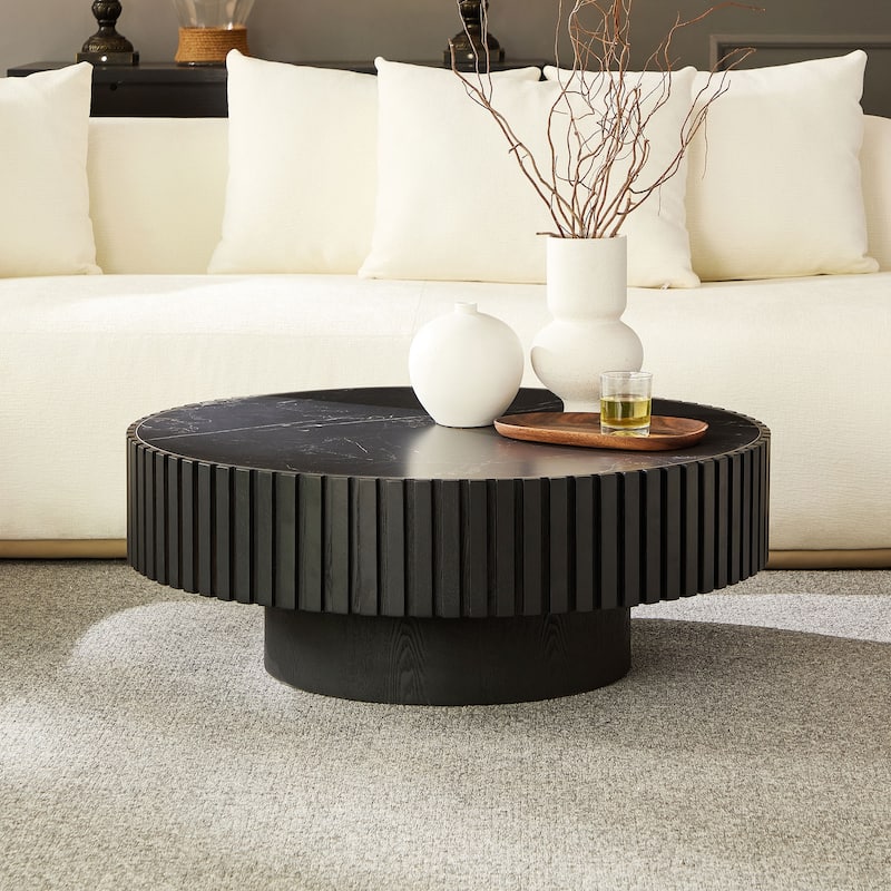 Luxury Round Coffee Table with Faux Marble Top, 35.43" Modern Low Drum Shape Cocktail Table for Living Room, Reception Room