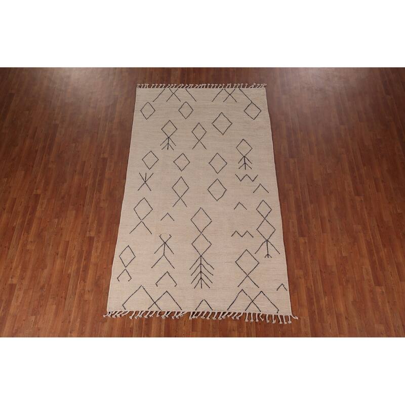 Geometric Ivory Moroccan Area Rug Hand-Knotted Wool Carpet - 5'7"x 9'5"