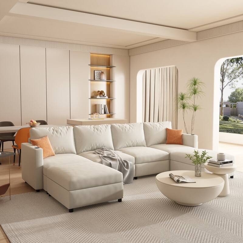 123" U-Shaped Modular 4 Seater Sectional Sofa with Storage Ottomans, Easy Assembly and Transport