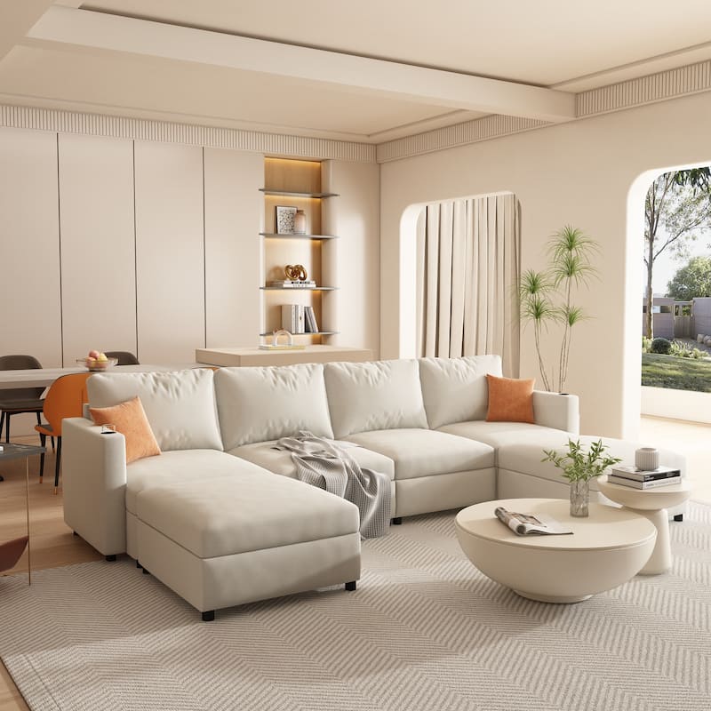 Christopher Knight Home - Stellar Modular U-Shaped Sectional Sofa Bed with Storage, 6 Seats, Ottoman, and Chenille Fabric