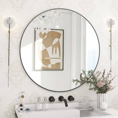 HOMLUX 24 Inch Round Wall Mirror with Black Aluminum Alloy Frame Vanity Bathroom Mirrors for Over Sink Wall