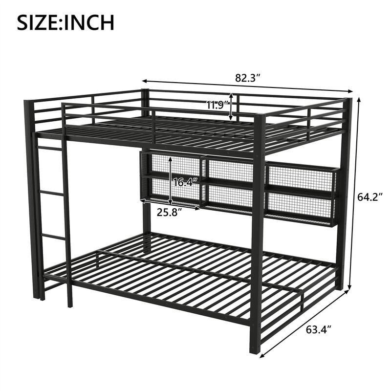 Queen Over Queen Size Bunk Bed with LED Light and Storage Cabinets, Metal Bunk Bed with Storage Shelves, Ladder and Guardrail