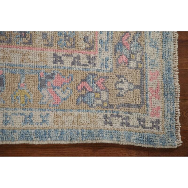 Handmade Vegetable Dye Oushak Turkish Runner Rug Blue Wool Carpet - 3'1"x 11'3"