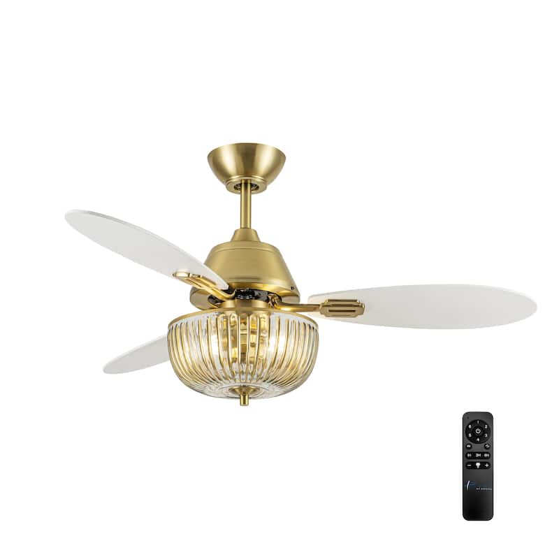 Gable River of Goods 3-blade 42-inch Modern Indoor Ceiling Fan with Hand-Painted Glass Shade and Remote Control - 42" x 42" x 18.75" - Clear/Gold - Remote