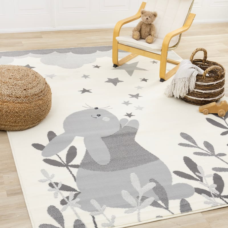 Cream Grey Bunny Kids Nursery Area Rug, 3'11" x 5'7"