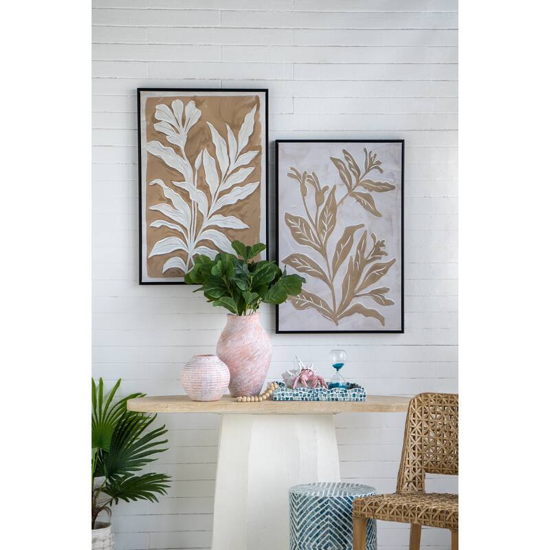 23.6x35.4" Brown and White Minimalist Leaf Paintings with Black Frame, Set of 2