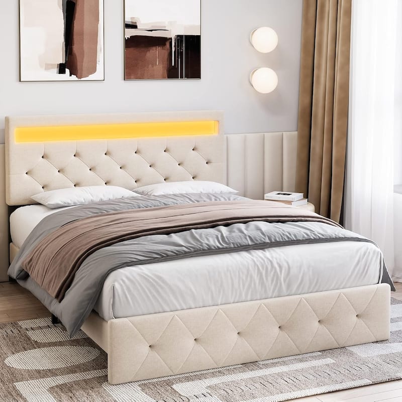 Upholstered Bed Frame with Storage Headboard, LED Lights, Charging Station & Wood Slats, Easy Assembly - Queen - Beige