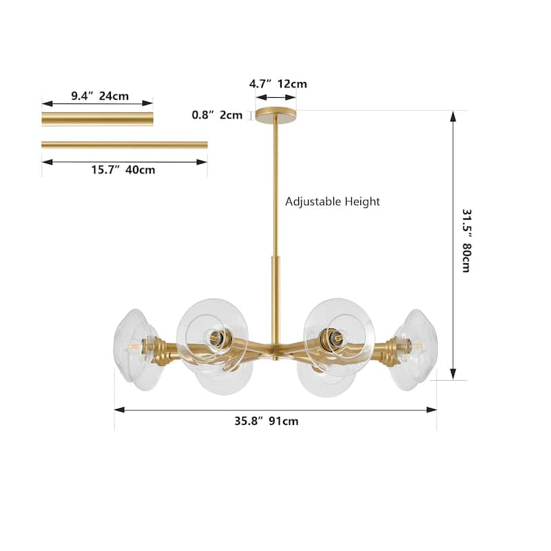 36" Modern Gold 8-Light Sputnik Chandelier with Clear Glass Shades, Mid-Century Hanging Pendant Light Fixture for Dining Room